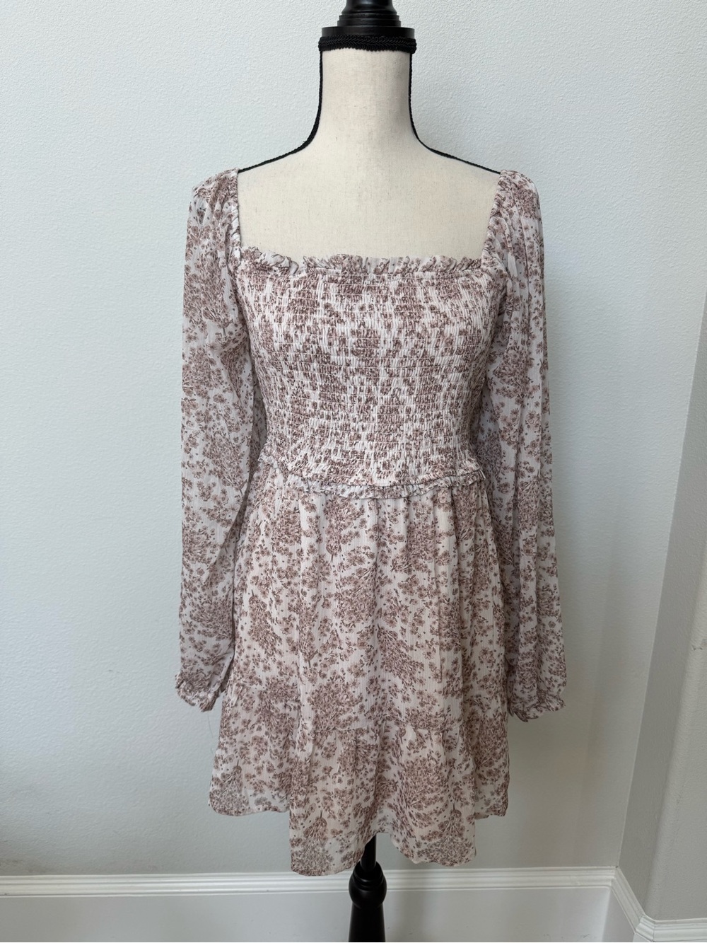 Altar'd State Blush Floral Smocked Long Sleeve Babydoll Mini Dress